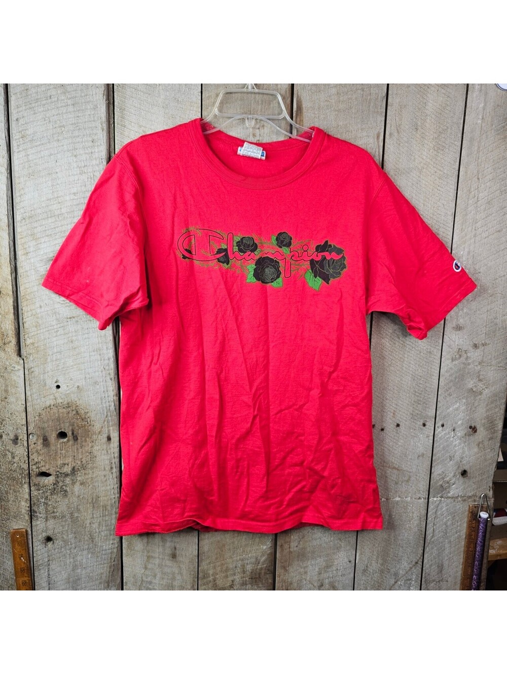Champion Men's Red T-Shirt with Black Rose Floral Logo Graphic Tee Medium